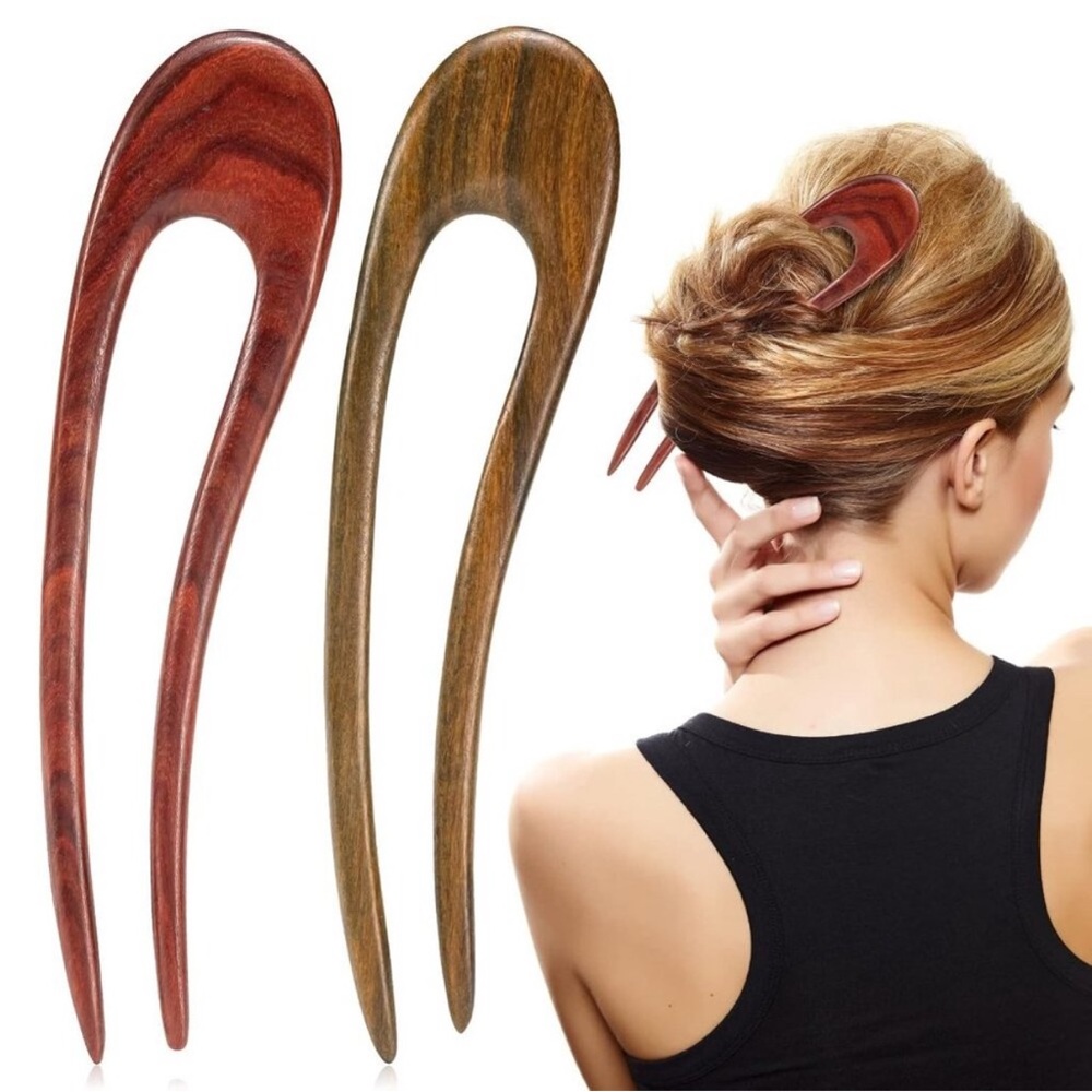 2PCS French Wood Hair Forks, Hand-Carve Ebony Sandalwood U Shape Hair Sticks, wi